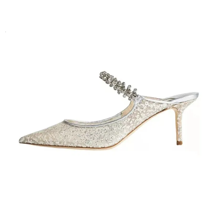 Water Diamond Chain Mueller Shoes Summer Pointed Mesh Sequins Fine Heel Straight Strap High Heeled Womens Slippers_voghion.com