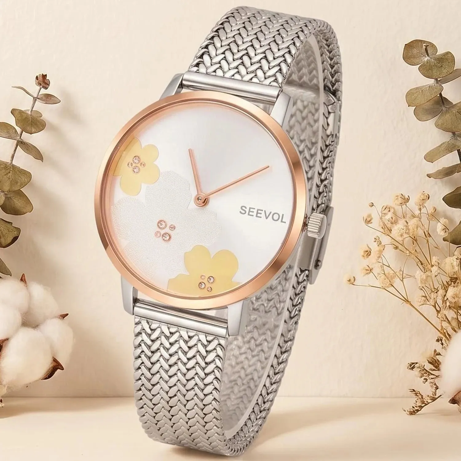 Women\'s Floral Dial Mesh Bracelet Watch 35mm Analog Quartz 260429 Womens Quartz Watch 35mm Flower Dial Wheat... From  main image 2