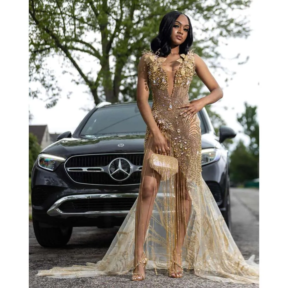 Gold Mermaid Prom Dress, V Neck Sequined Tulle Gown
