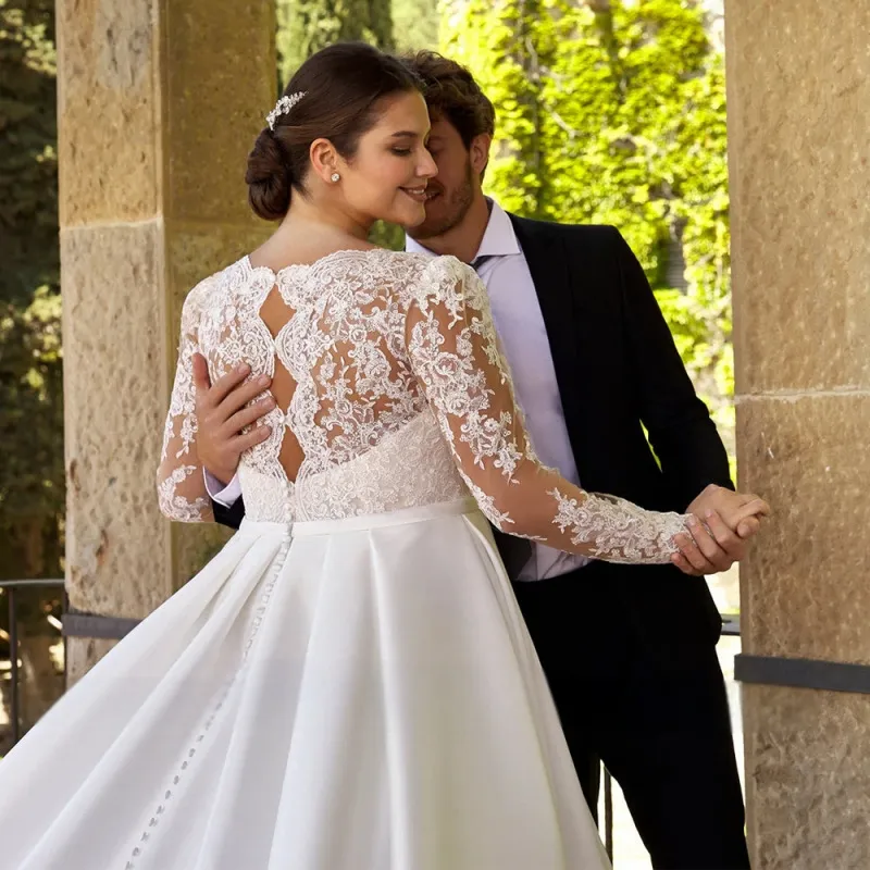 plus size long sleeve satin wedding dress Plus-Size Mikado Wedding Dress Ester With Sleeves