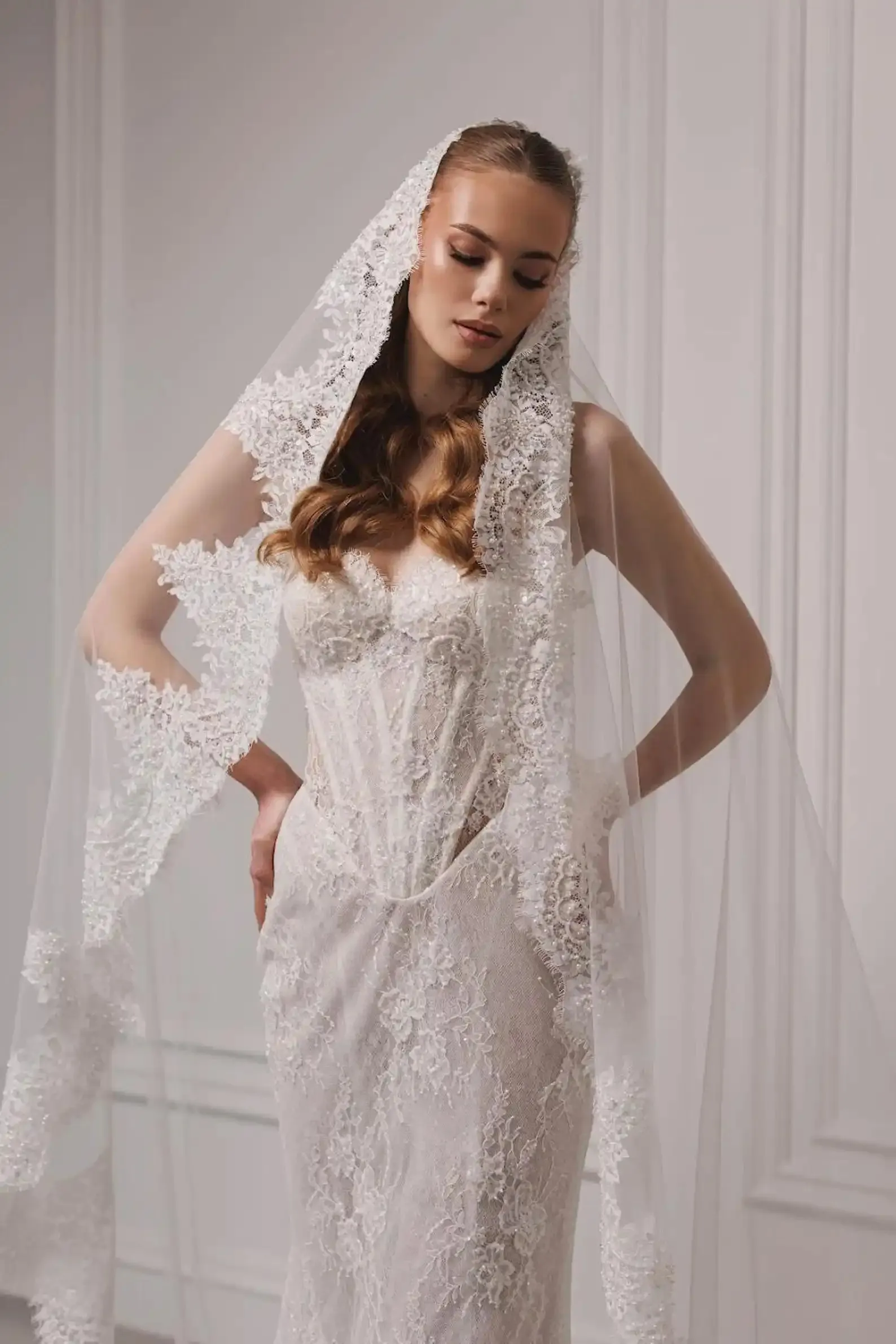 White Lace Edge Bridal Veil - Handmade Bespoke Long Lace Bridal Veil | Romantic Sequin & Lace Edge  main image 3