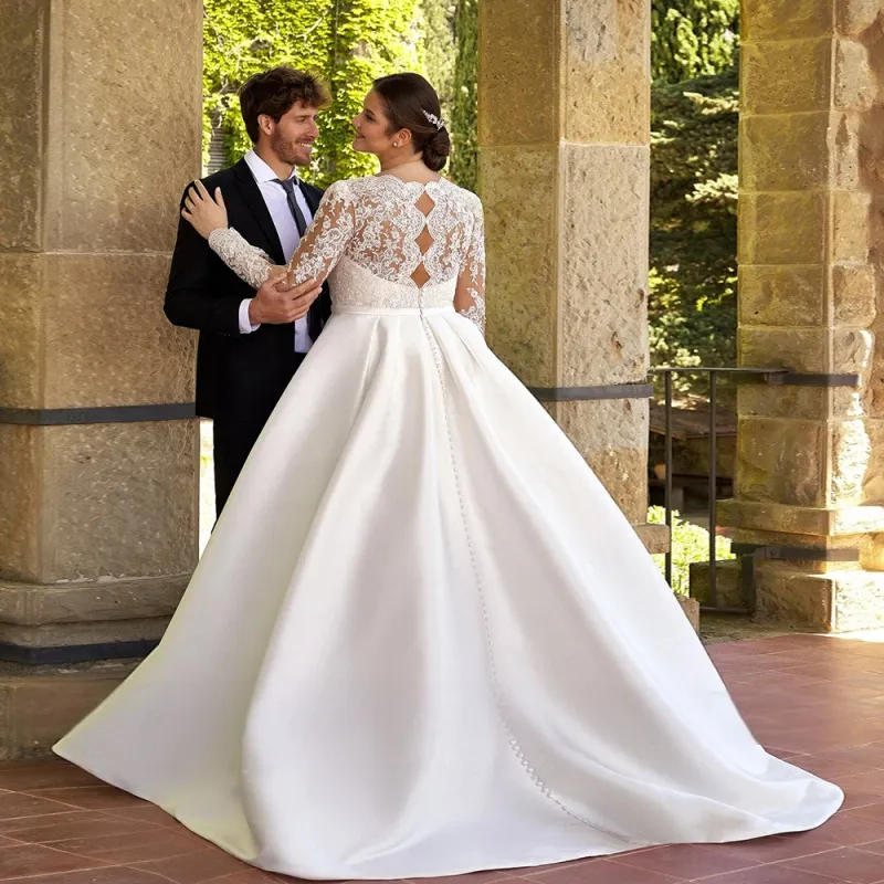 long sleeve satin wedding dress plus size Plus-Size Mikado Wedding Dress Ester With Sleeves