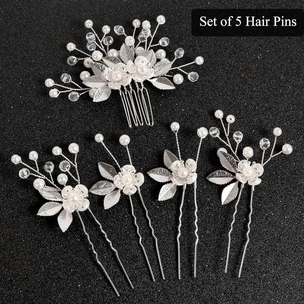 Silver Bridal Flower Hair Pins, Set of 5 Wedding Hair Pins Set of 5 – Handmade Silver Flower & Pearl  main image 4