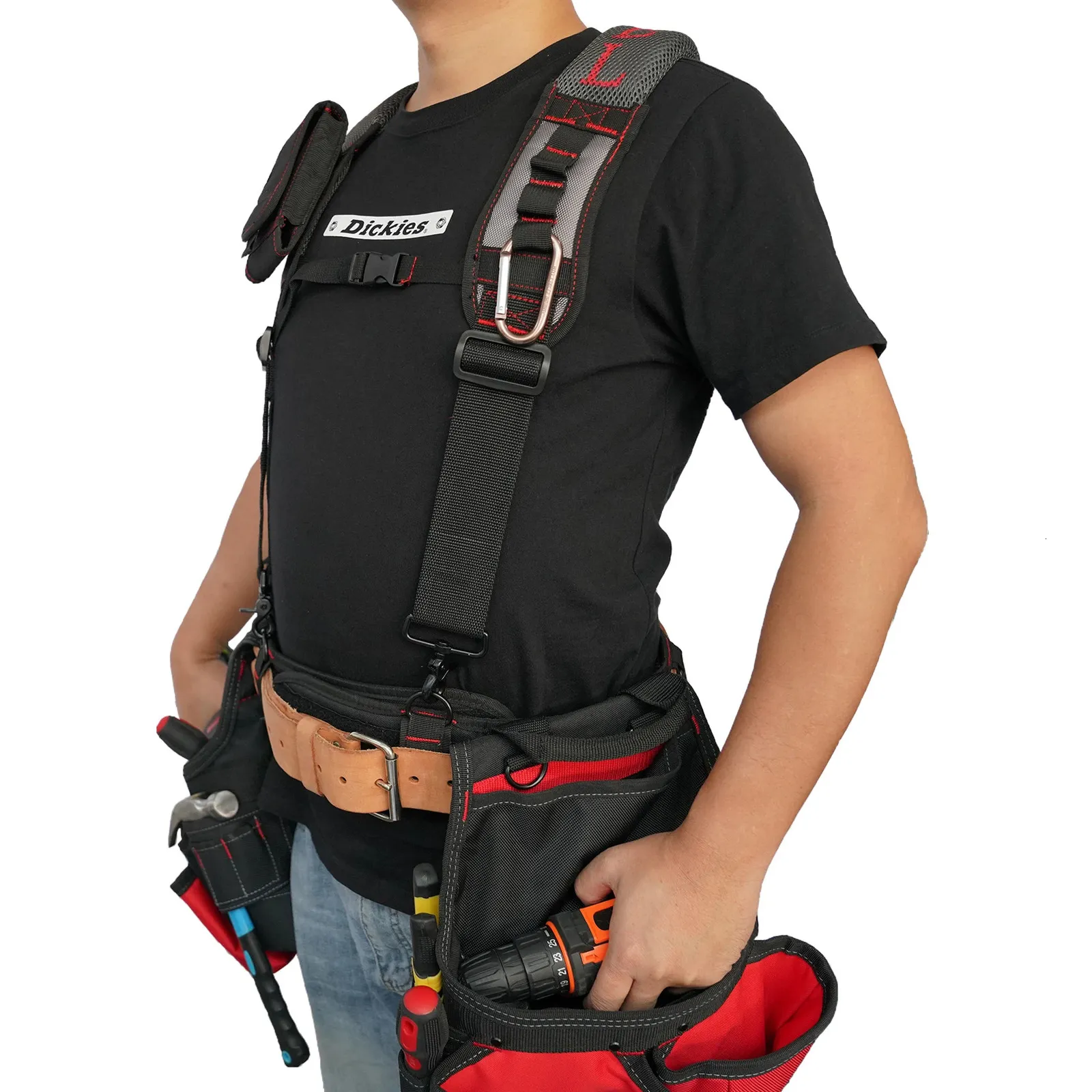 MELOTOUGH Heavy Duty Work Suspenders With 3 Trigger Hooks, Detachable Phone Holder & Padded Straps – Red, One Size Fits Most