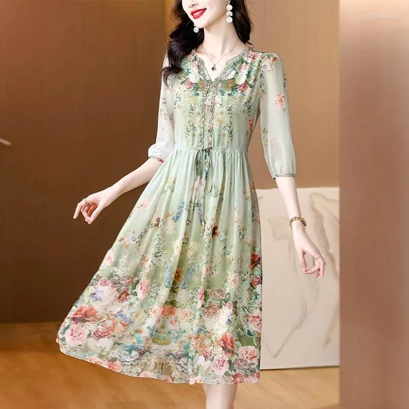 Casual Dresses - Floral Silk Midi Dress for Women
