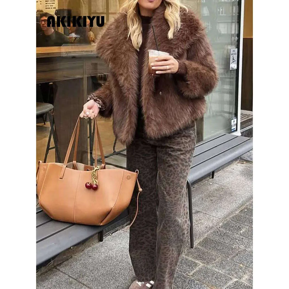 Feathered Fur Coat Brown Fluffy Fur Jacket Womens Casual Lapel 