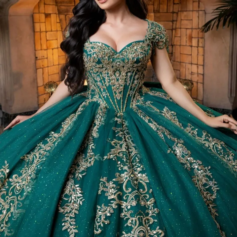 dark green with gold quince dress Ball Gown Organza Off-the-Shoulder Dark Green Quinceanera Dress Dark Green / 00