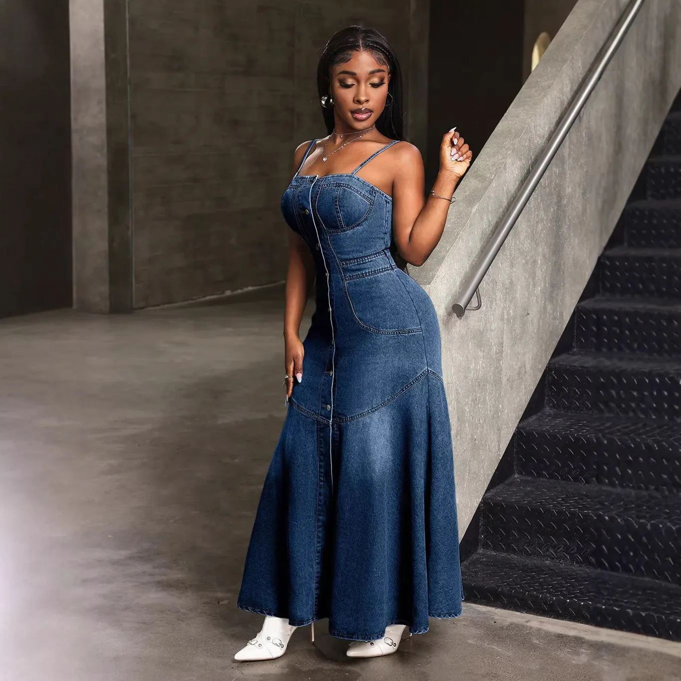 white christmas dresses Belted Drop Waist Stretch Midi Denim Dress