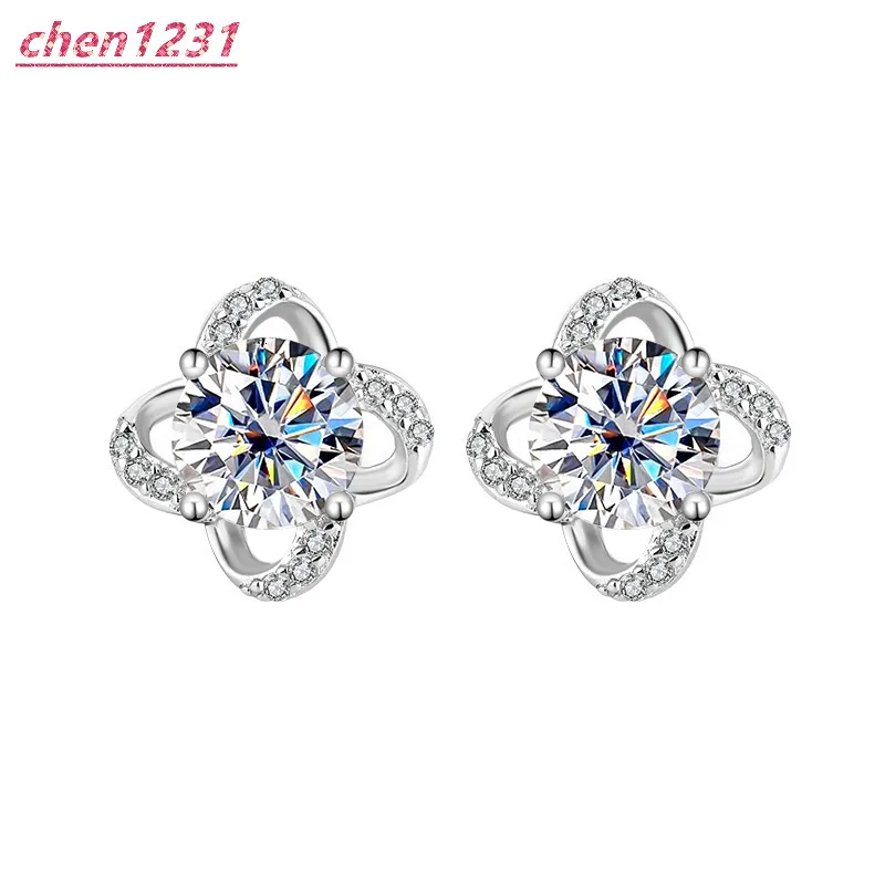 Moissanite Clover Stud Earrings Halo 925 Sterling Silver For Women_voghion.com