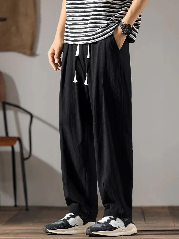 Pantaloni casual da uomo a righe in cotone e lino, gamba dritta, orlo aperto, pantaloni da stadio, vita elasticizzata con coulisse, comodi pantaloni da jogging traspiranti leggeri estivi da spiaggia