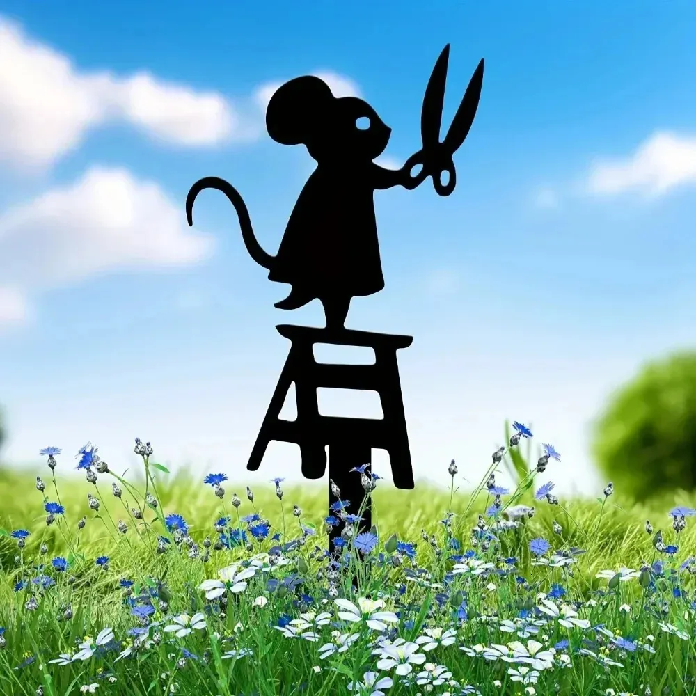 Metal garden post sculpture with scissors mouse silhouette animal art ...