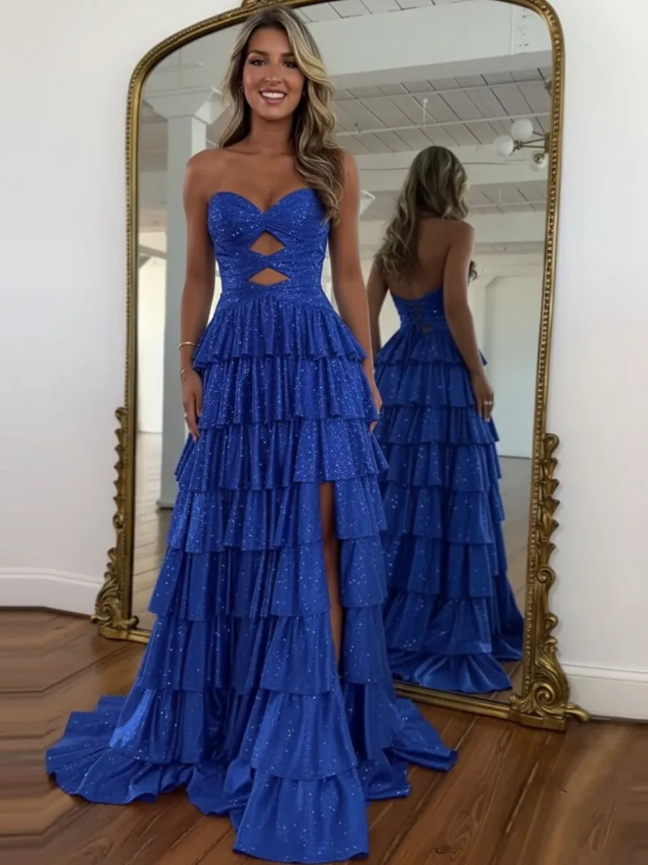 Dhgate Reflective Prom Dress Sparkling Gold Metallic Double Slit Prom Dress  With Glass Mirror And Beading,