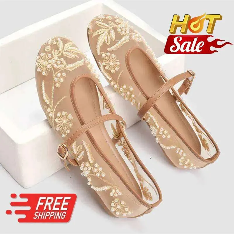 Sapatilhas femininas estilo Mary Jane com bordado em cordão, miçangas, pérolas brancas, leves e confortáveis para o verão._voghion.com