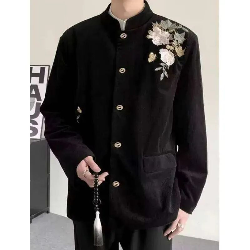 SHANGHAI TANG シルク刺繍コート US8 Chinese Tang Suit Jacket for Men Embroidered Flower Polyester