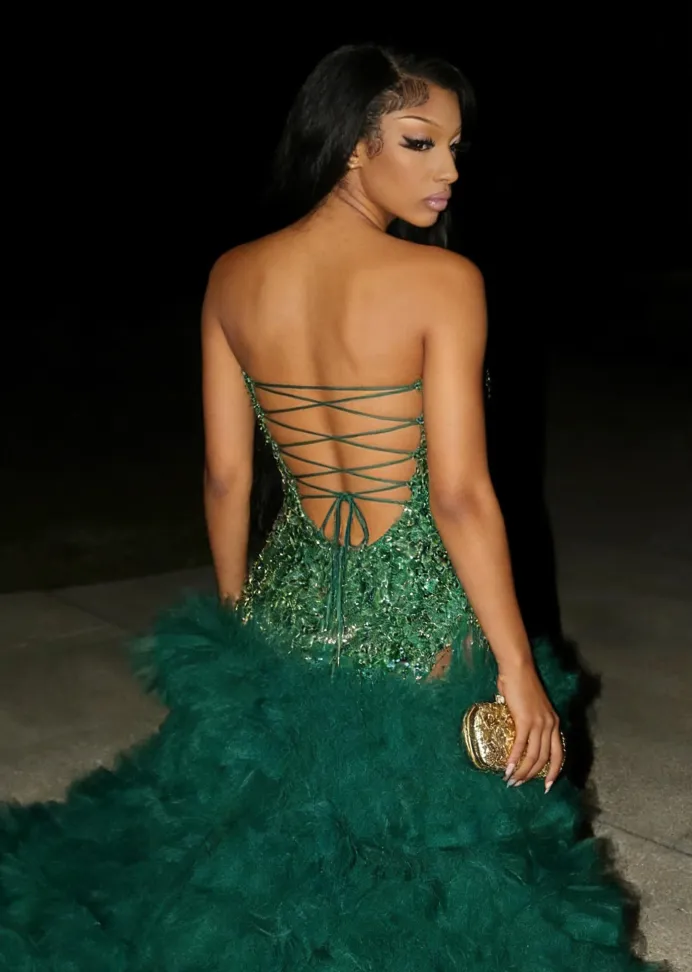 emerald green dress with accessories Elegant Long High Neck Mermaid Beaded Long Sleeves Evening Dress with –  misshow.com main image 1