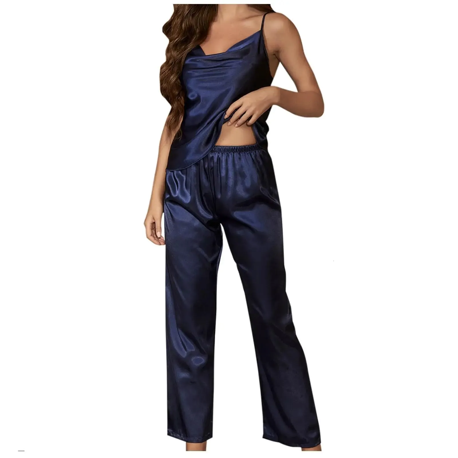 Summer Ice Silk Womens Pajamas Sleeveless V-Neck Camisole Long Pants ...