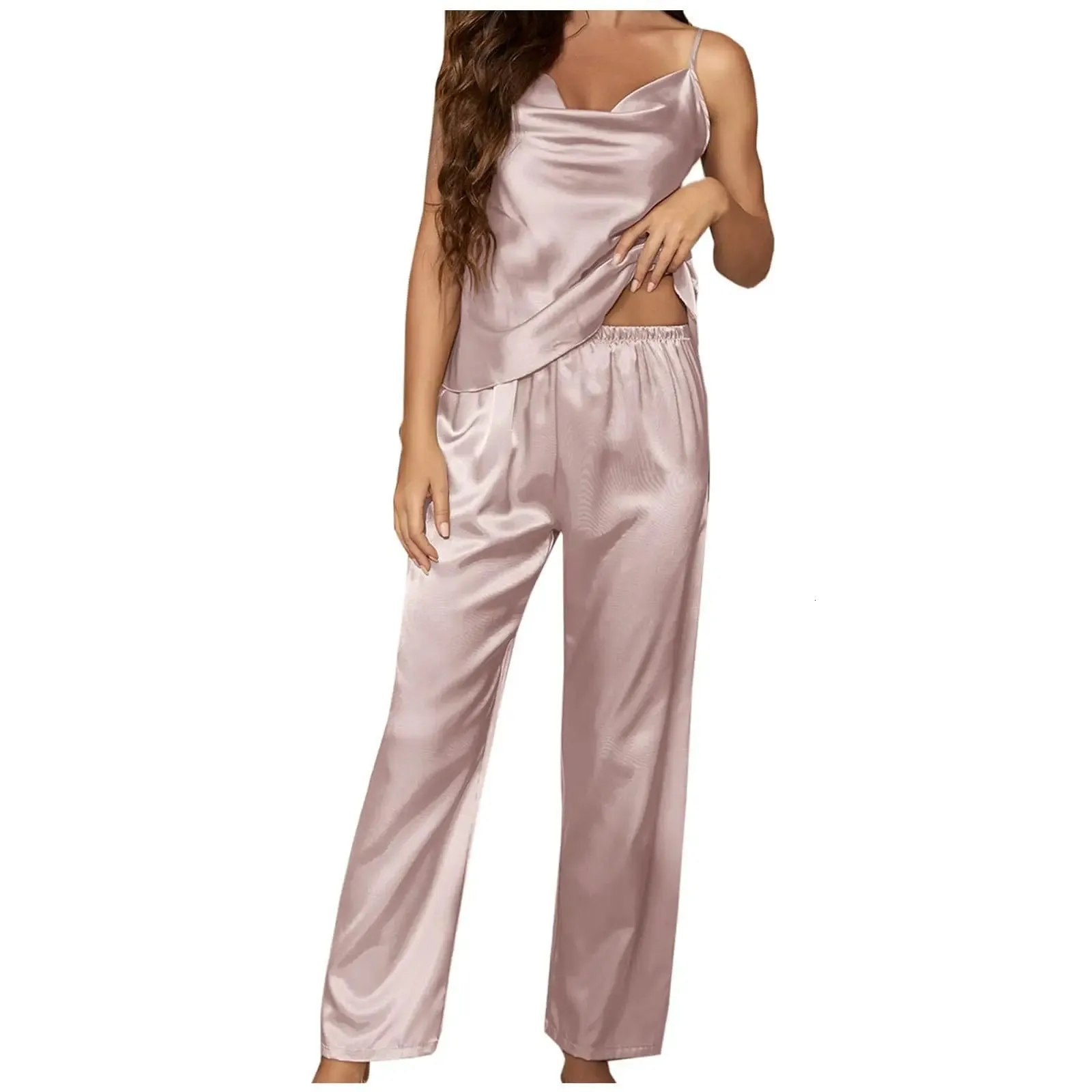 Summer Ice Silk Womens Pajamas Sleeveless V-Neck Camisole Long Pants ...