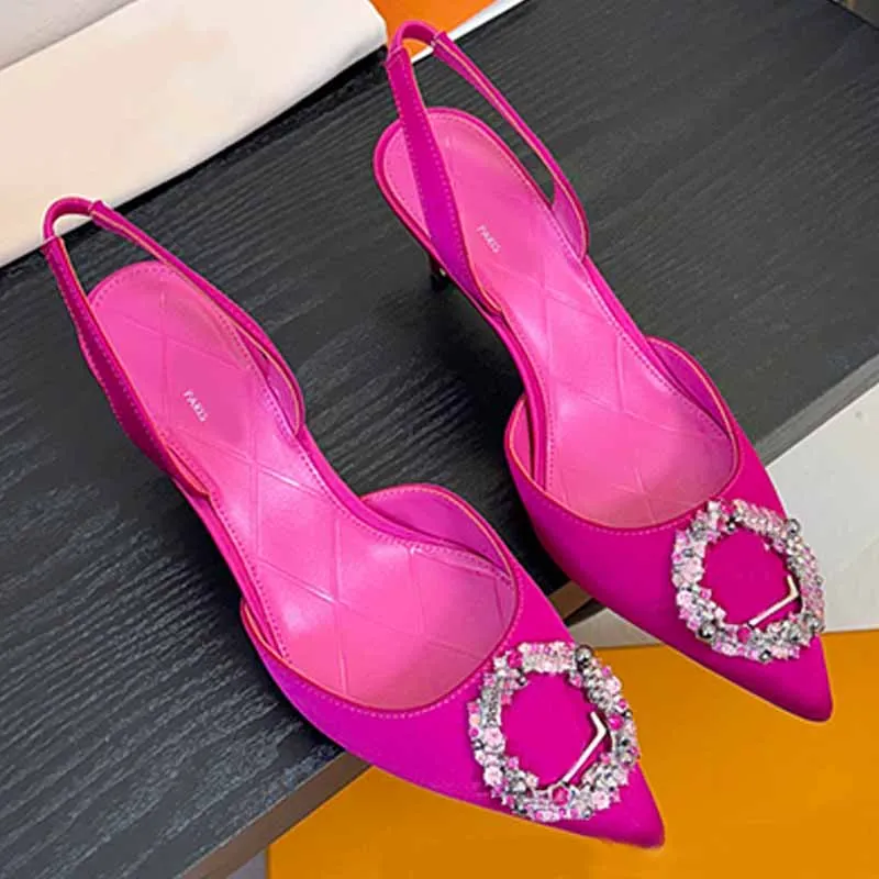 fuchsia ladies dress shoes Fashion Elegant Met Slingback Pump silver toned rhinestones flowers satin mid height heel banquet pointed high heels With restocks