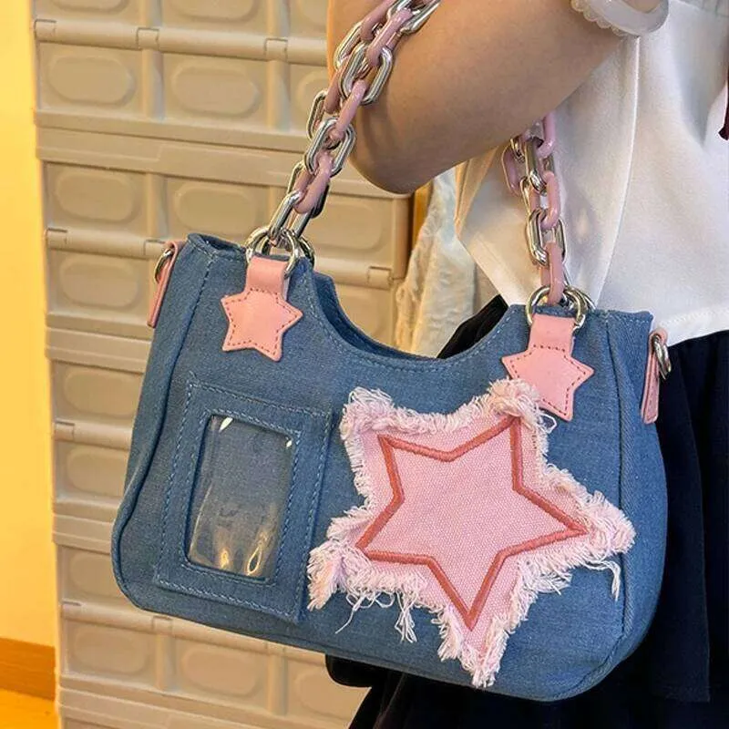 Y2K Vintage Korean Fashion Star Tote Bag Denim Shoulder Handbag With ...
