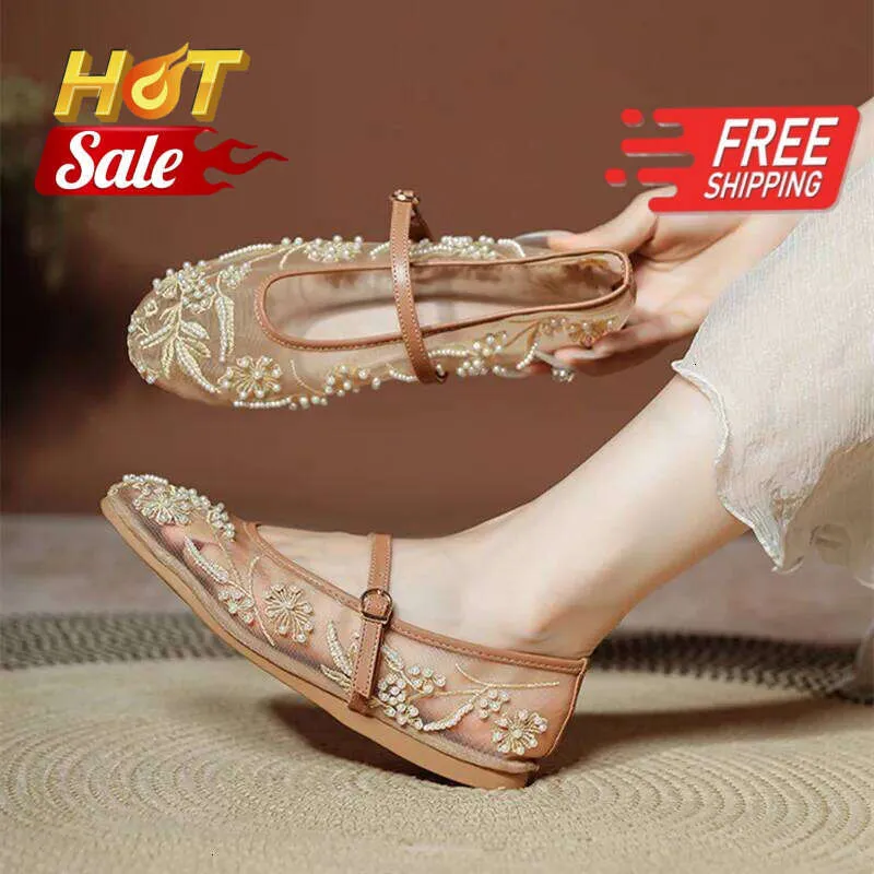Sandals Women's Elegant White Pearl Beaded Embroidery Mesh Ballet Flats Lightweight Comfortable Summer Mary Jane Fashion_vogvips.com