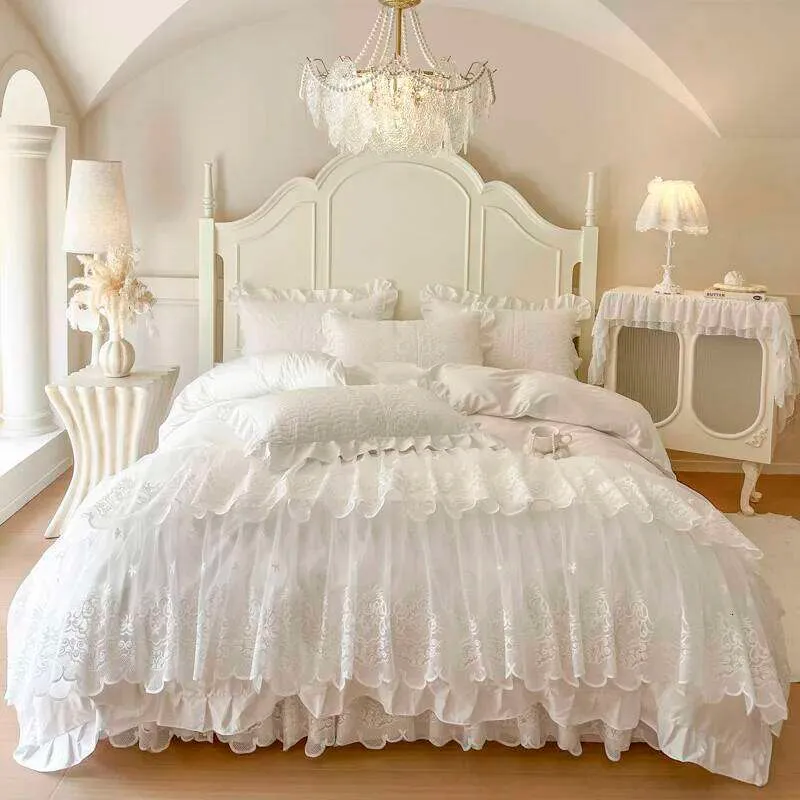 4/6 Stücke Prinzessin Hochzeit Bettwäsche Set 600TC Ägyptischer Baumwolle Doppelschicht Spitze Rüschen Bettbezug Bett Rock Bettdecke Kissenbezüge