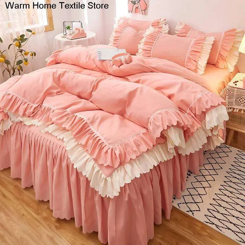 Pink Ruffle Sheets Pink Lace Ruffle Bedding Set 4-Piece Quilted Stripe Pattern Duvet Cover ...