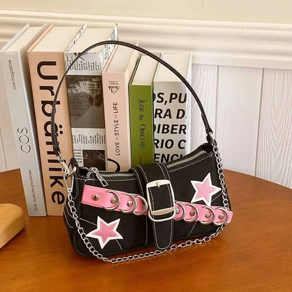 Y2K Womens Canvas Shoulder Bag Star Pattern Underarm Tote With Chain ...