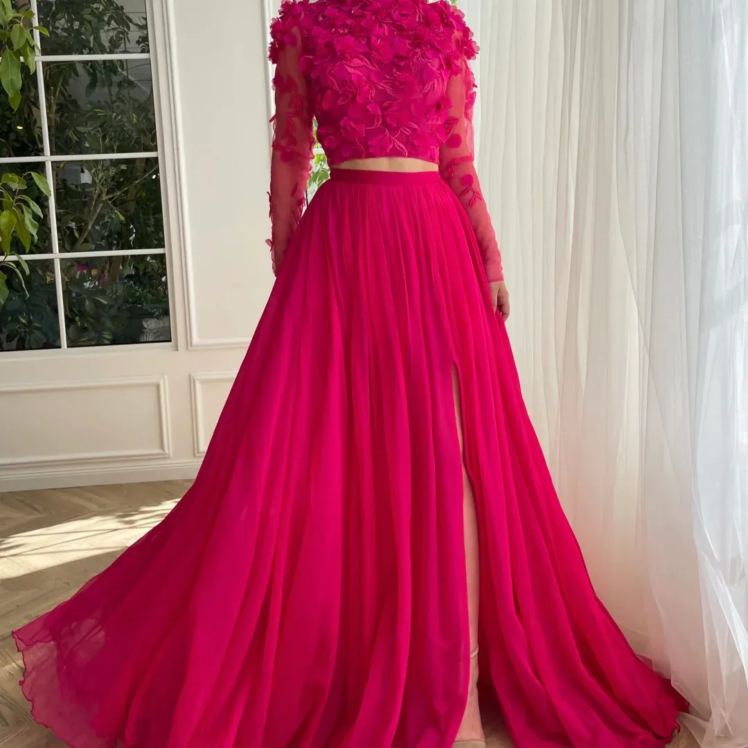 neon pink two piece dress Simple Hot Pink Two Piece A-line Halter Cheap Long Prom Dresses, MP407