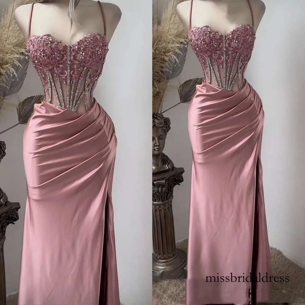 Or Length Pink Mermaid Prom Dresses Lace Appliques Beaded Corset - Side Split Spaghetti Straps Evening Gown For Pageant F0207