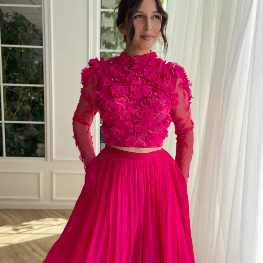 pink floral two piece prom dress Two Piece V Neck Floral Printed Long Prom Dress with Bow AB4032902