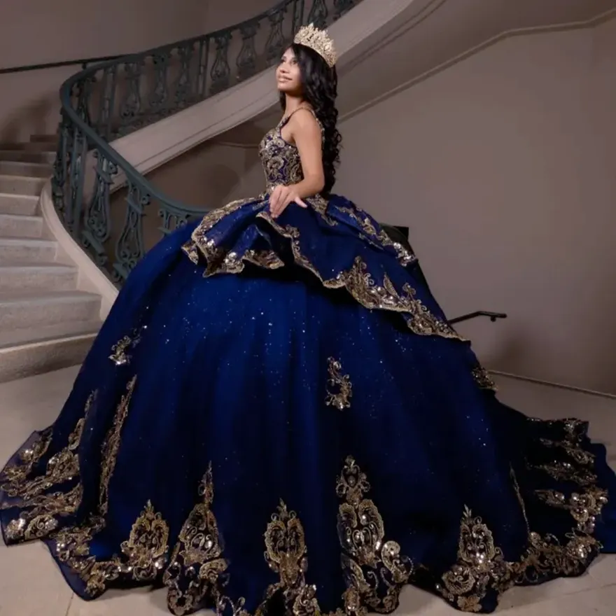 navy blue quince dress with gold Navy Blue Shining Quinceanera Dress Gold Decal Lace 15 16 Party Ball Gowns