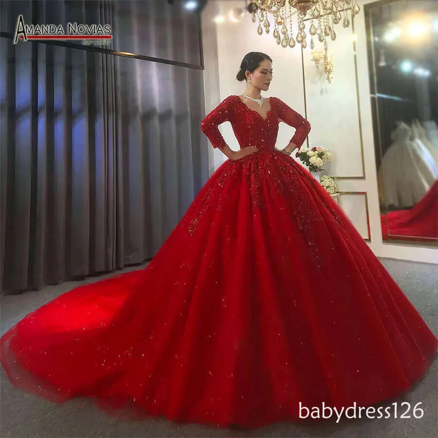 long sleeve red wedding dress Ball Gown Long Sleeves Sequins Lace Red Wedding Dress Gliter Quinceanera Dress US4 / Custom Color