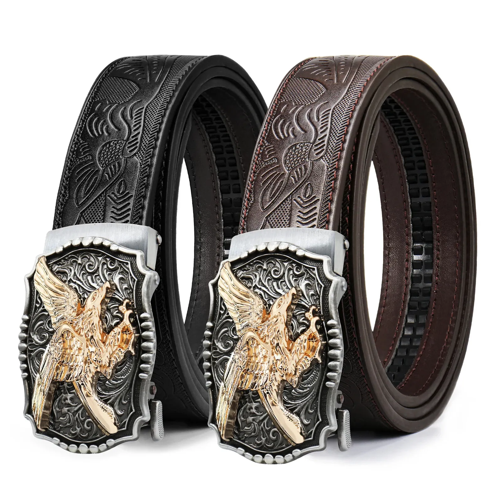 2 Pack Mens Western Ratchet Belt Faux Leather Slide Belt 