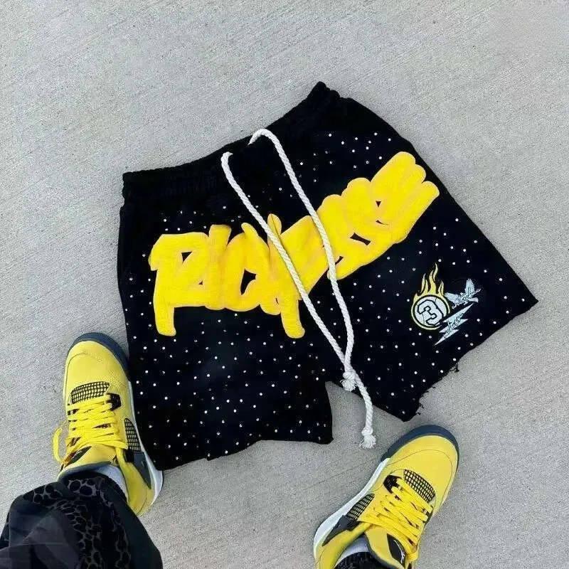 Men's Fashion Shorts Rhinestone Letter-Printed Sweatpants For Casual Motorcycle Gym Shorts Downhill Wear_viptrois.com