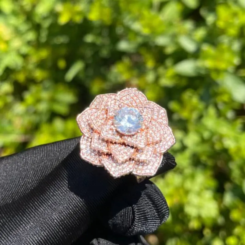 Bling Shiny Iced Out Rose Flower Ring For Women Micro Pave Cubic Moissaniteia Real Gold Rhodium Plated Hip Hop Style_voghion.com