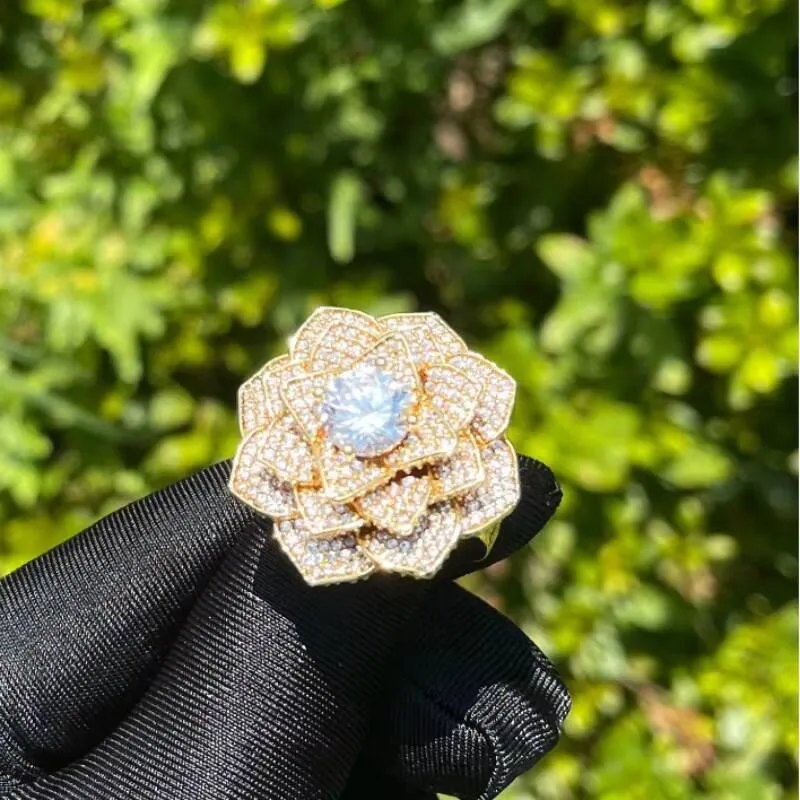 Bling Shiny Iced Out Rose Flower Ring For Women Micro Pave Cubic Moissaniteia Real Gold Rhodium Plated Hip Hop Style_voghion.com