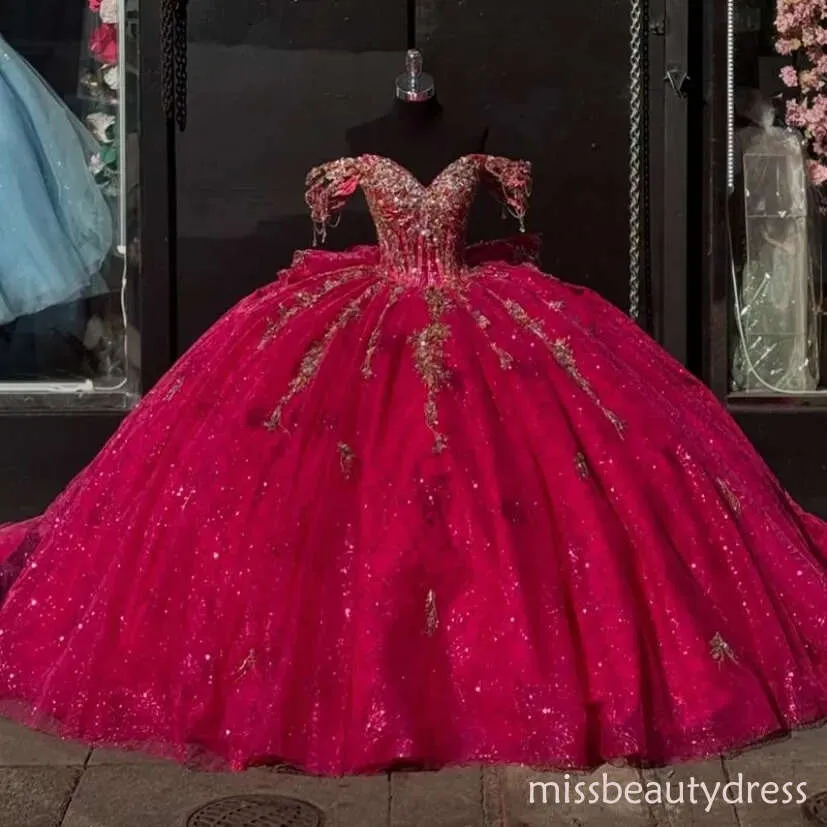 red and pink quince dress Glittery Tulle Lace Beaded Off Shoulder Red Quinceanera Dresses for Sw   Hebebridal
