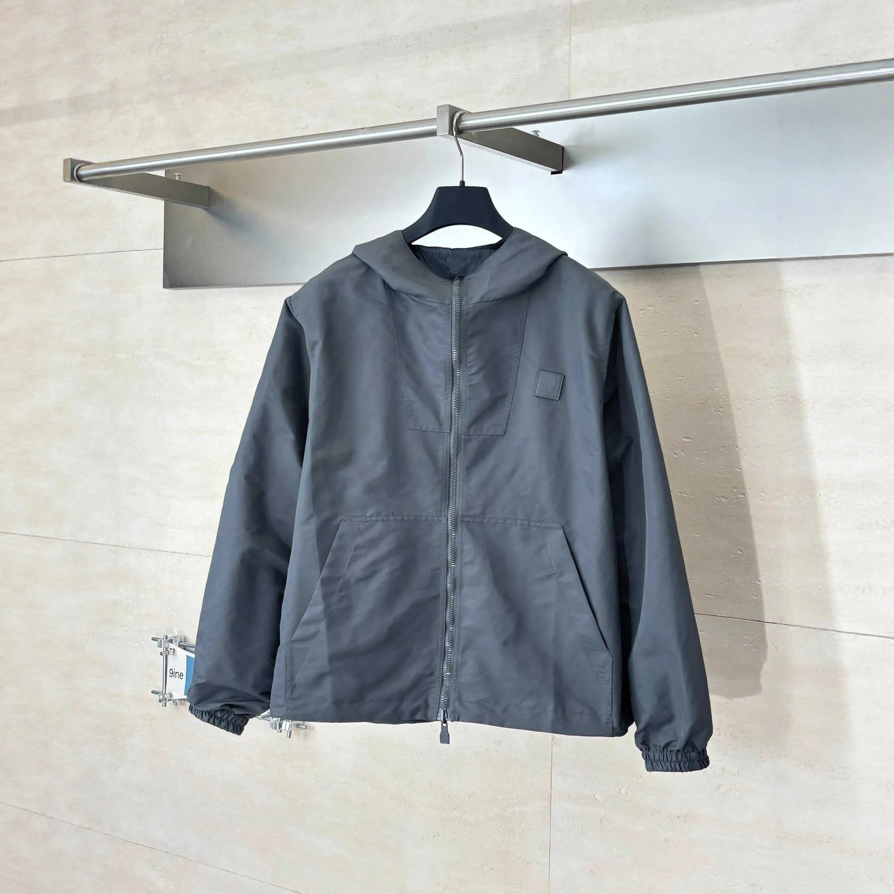 Cement Gray Reversible Windproof Nylon Zipper Jacket with Hood for 