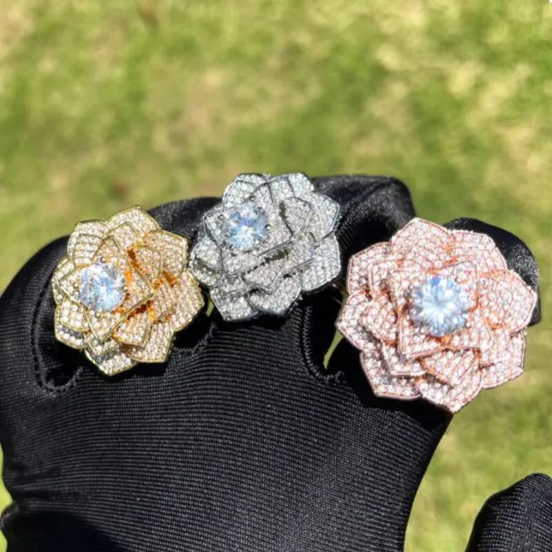 Bling Shiny Iced Out Rose Flower Ring For Women Micro Pave Cubic Moissaniteia Real Gold Rhodium Plated Hip Hop Style_voghion.com