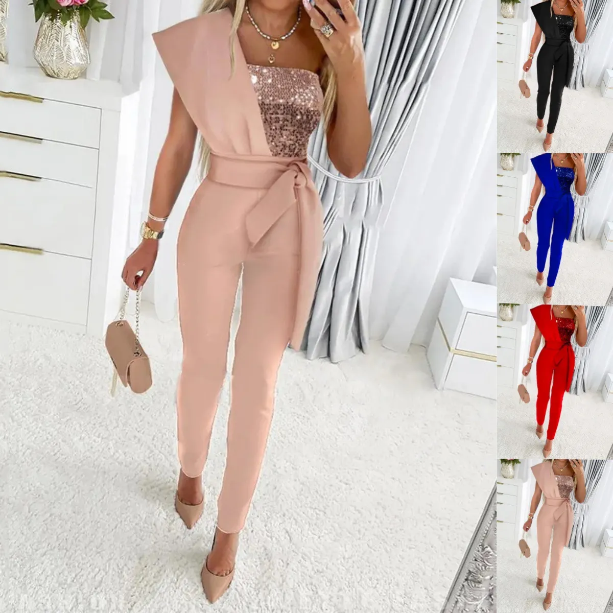 Womens Patchwork Sequin Jumpsuits Short Sleeve Sparkling - View #8