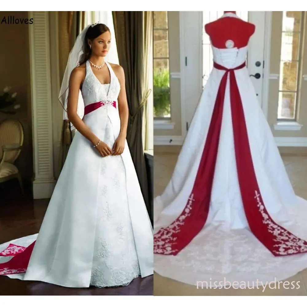 red and white halter wedding dress Vintage Red and White Embroidered a line wedding dress with Halter Neck, Sleeveless Design, and Court Train