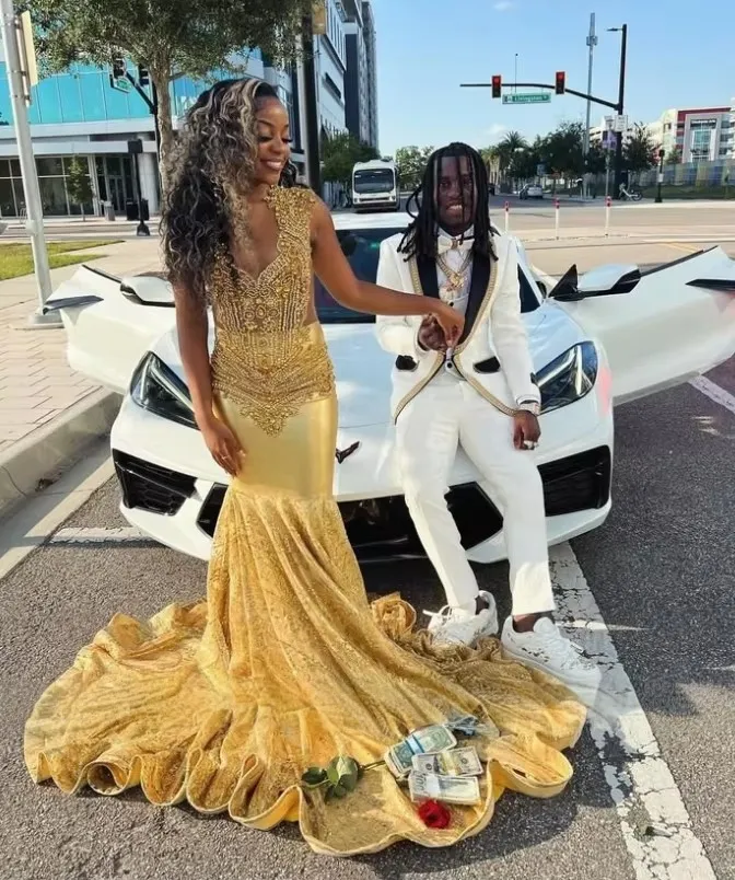 gold applique prom dress Customized Gold Crystal Applique Prom Dresses For... From Queenshoebox,  $167.33
