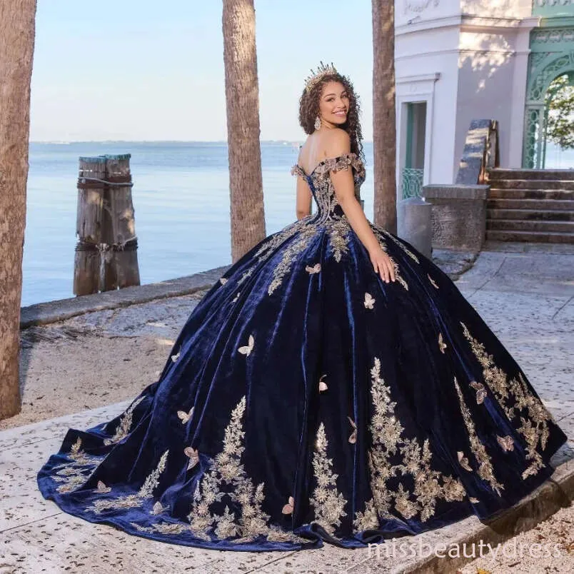 navy birthday ball dress Navy Blue Quinceanera Ball Blue Ball gown with Appliques and Velvet