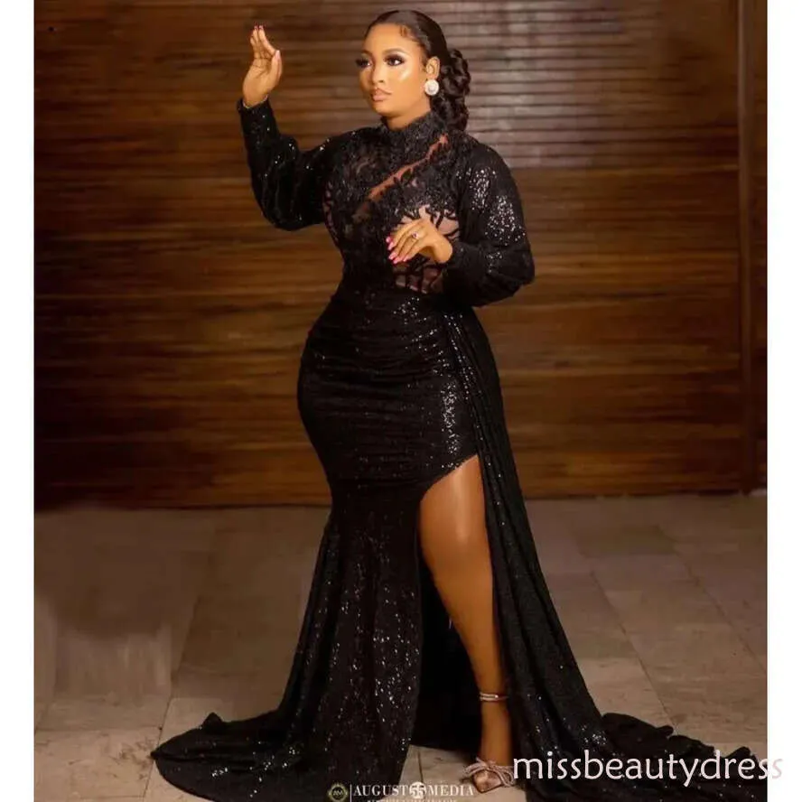 black long sleeve sequin prom dress One-Shoulder Long-Sleeve Sequin Prom Dress