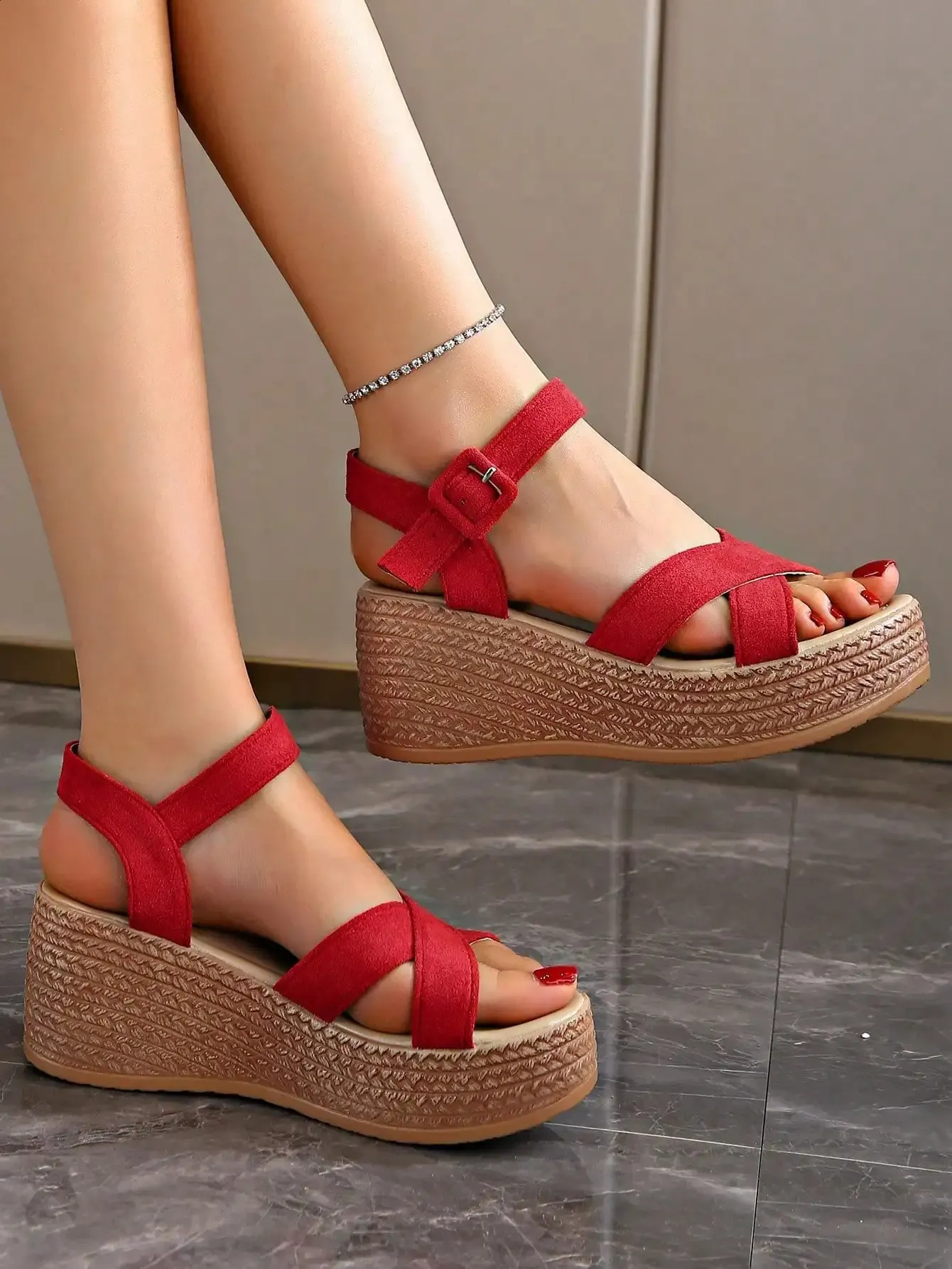 Casual Lightweight Thick Soled One Strap Sandals For Women Summer Waterproof Platform High Heels 7cm 260122_voghion.com