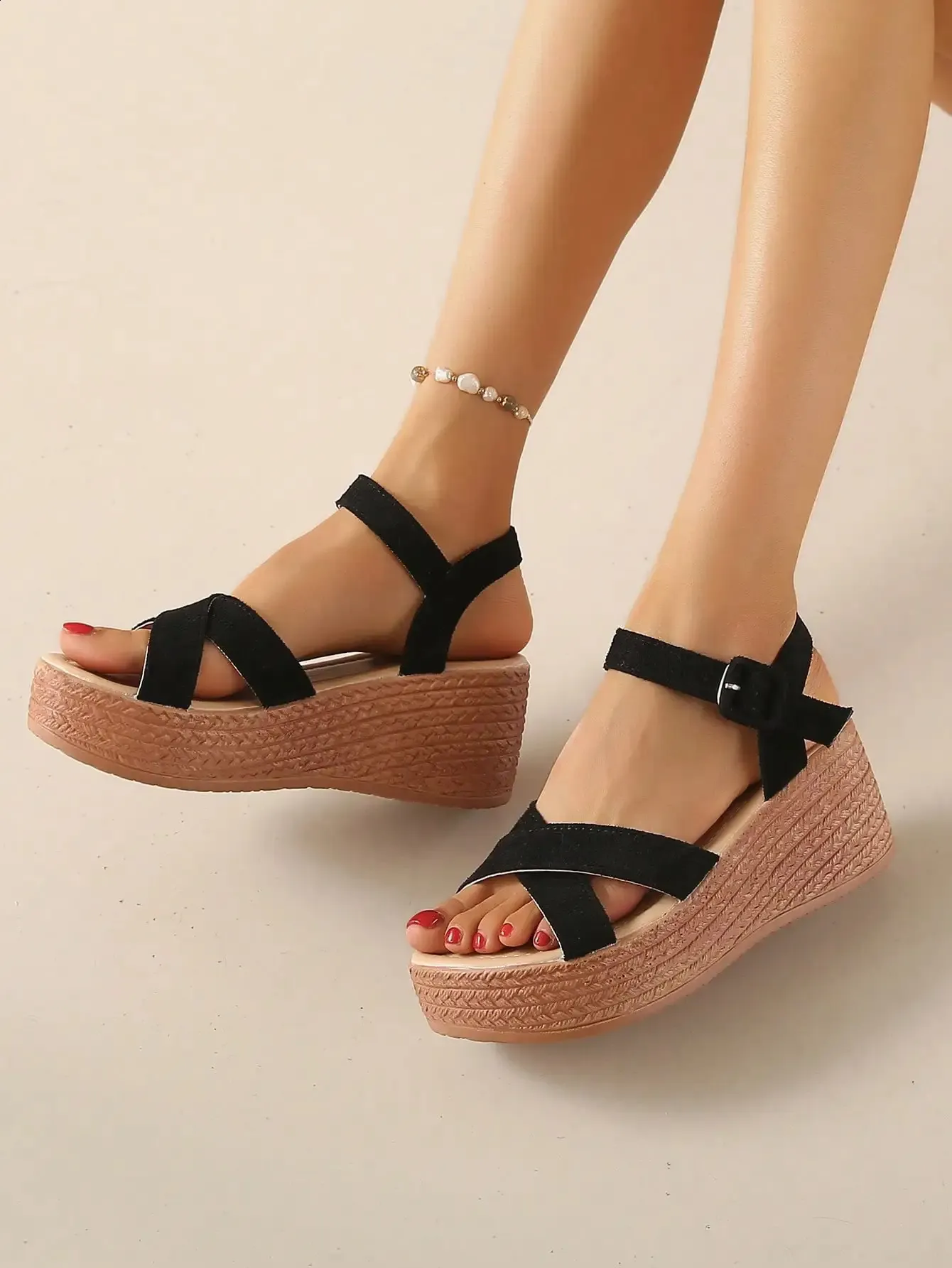 Casual Lightweight Thick Soled One Strap Sandals For Women Summer Waterproof Platform High Heels 7cm 260122_voghion.com