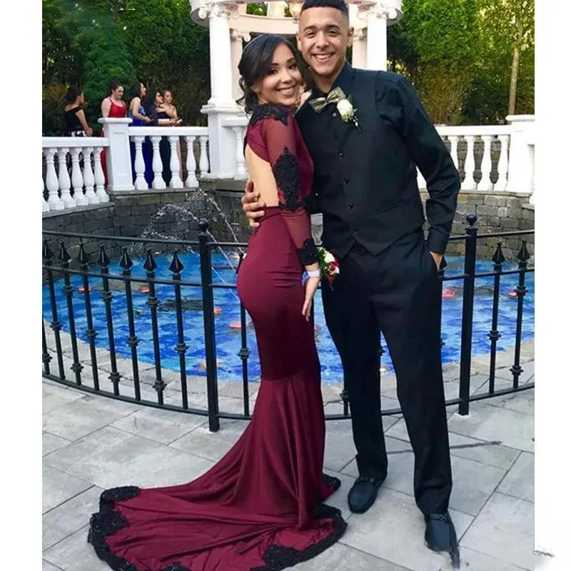 Burgundy Lace Satin Long Sleeve Mermaid Prom Dress Floor-Length V-Neck with  Zipper Back from Dhgate Prom Dresses - price 206.69