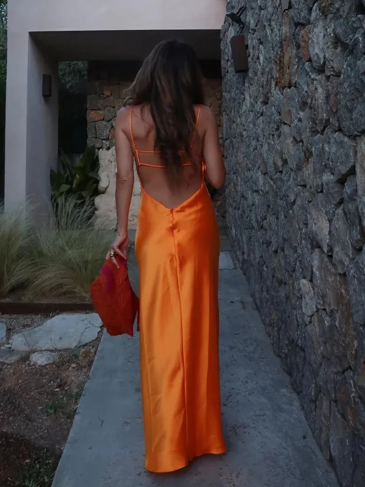 orange backless maxi dress Stain Womens Casual Spaghetti Strap V-neck High Waist Gowns Lady Summer Vacation Party Vestidos 260209 LOOBIS Women's 2024 Summer All Blue Bridesmaid Dresses Milk Silk Two Size:US 8 / UK 12 / EU 38