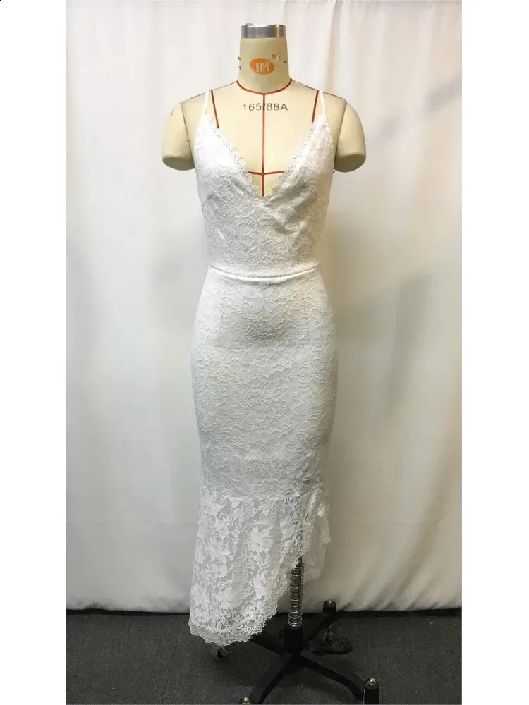 V-neck Sleeveless Boho White Dress Lady Sexy Lace Embroidery Hollow Sling  Dress Fashion Irregular Solid Slim Party Dress 260206