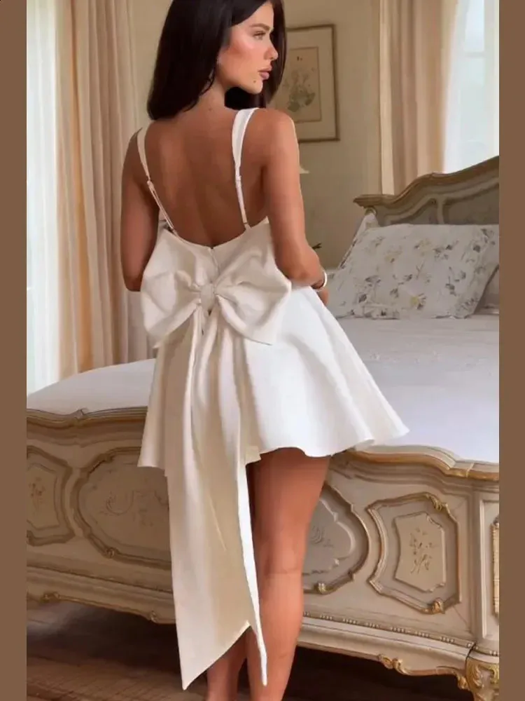 bow backless sling dress Womens White Pleated A-Line Mini Fully lined for a plus size quinceanera dresses Satin maxi dress with size:44